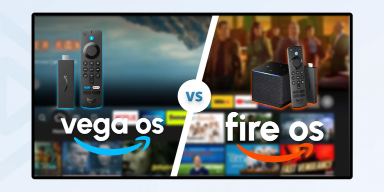 Android-based Fire TV Stick next to the Vega OS logo, representing Amazon's shift away from Android hardware