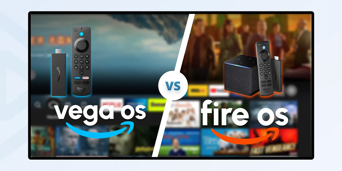 Android-based Fire TV Stick next to the Vega OS logo, representing Amazon's shift away from Android hardware