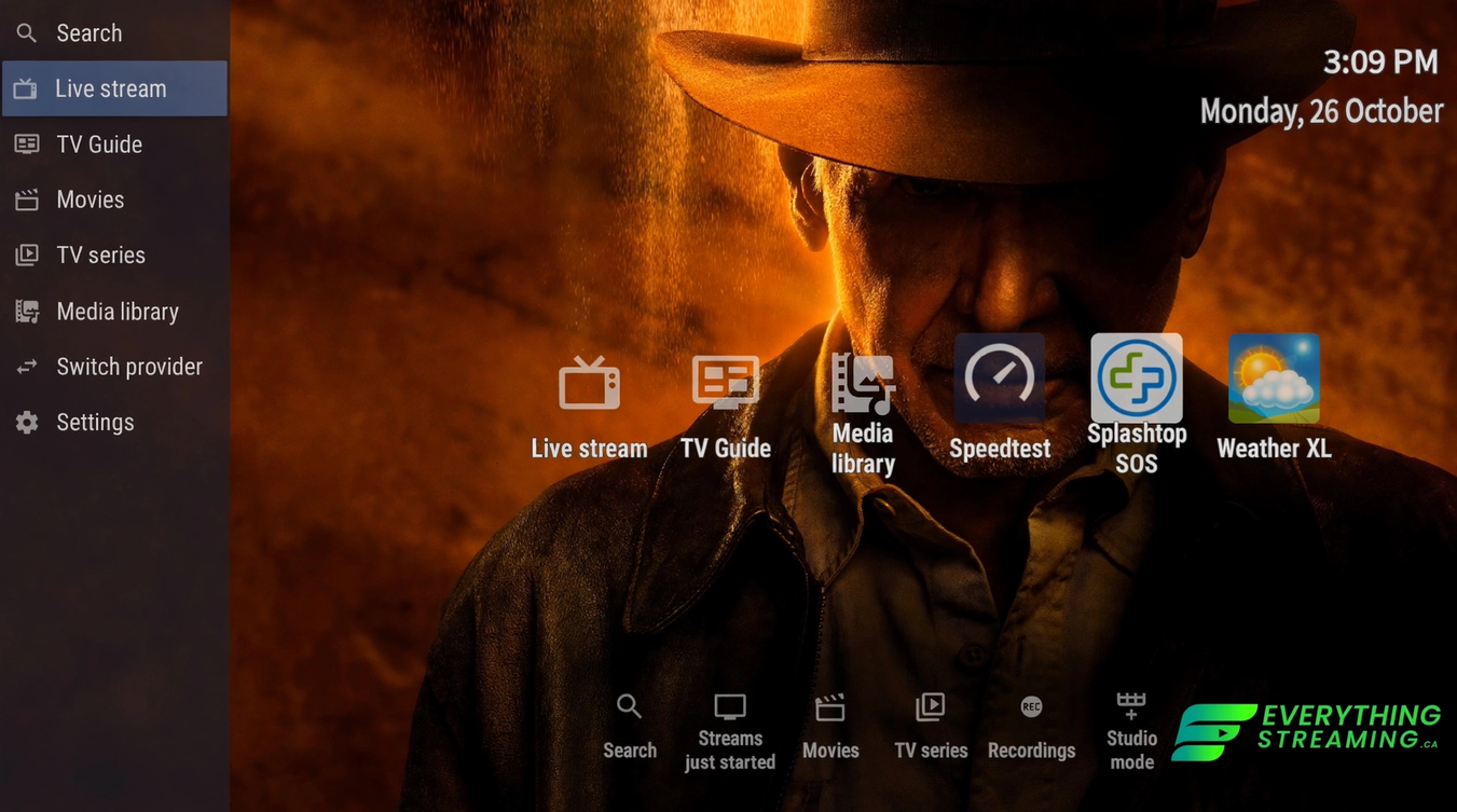 OTT Navigator home screen with Live stream, TV Guide, Media library, Movies, TV series and Recordings