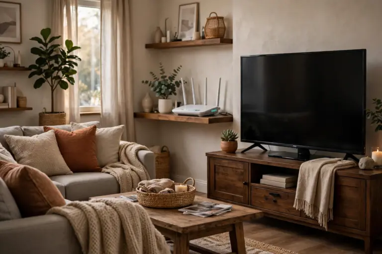 Living room with a TV and a Wi-Fi router on a shelf